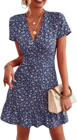 Women Summer Dresses Floral V-Neck Ruffle Hem Dress Short Sleeve Wrap Mini Dress Party Elegant Vintage A Line Dress