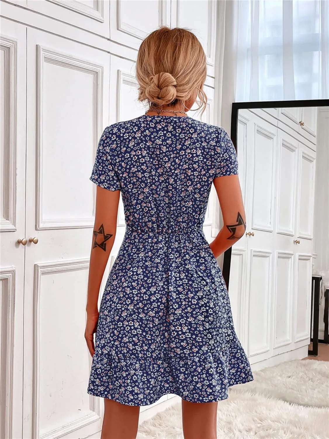 Women Summer Dresses Floral V-Neck Ruffle Hem Dress Short Sleeve Wrap Mini Dress Party Elegant Vintage A Line Dress