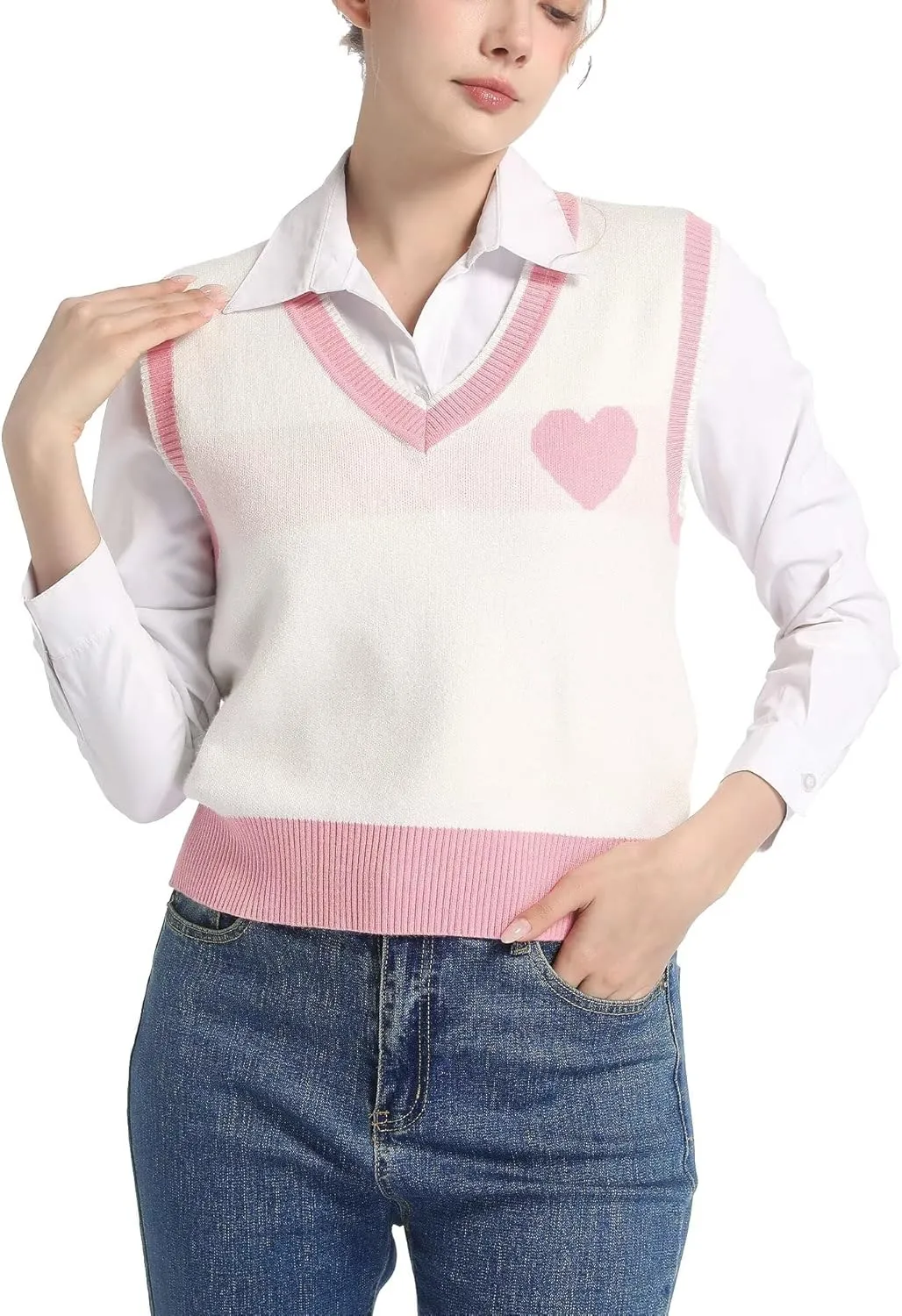 Women Sweater Vest Top for Girl Sleeveless V Neck Short Pullover Tank Color Block Striped Classical Cable Knit
