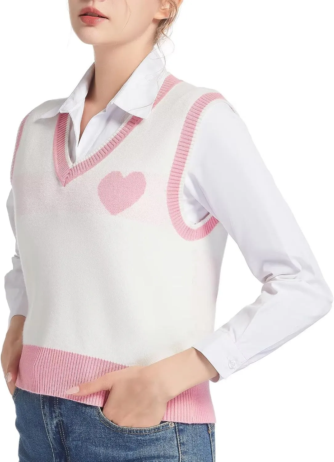 Women Sweater Vest Top for Girl Sleeveless V Neck Short Pullover Tank Color Block Striped Classical Cable Knit