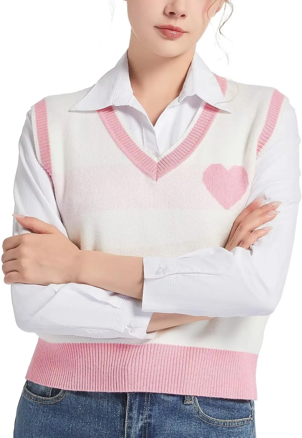 Women Sweater Vest Top for Girl Sleeveless V Neck Short Pullover Tank Color Block Striped Classical Cable Knit