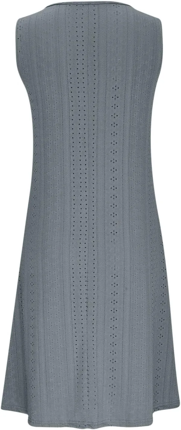 Women V Neck Eyelet Dresses Sleeveless Knee Length Tank Dress 2025 Summer Casual Tunic Sun Dress Vacation Beach Dress