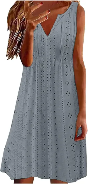 Women V Neck Eyelet Dresses Sleeveless Knee Length Tank Dress 2025 Summer Casual Tunic Sun Dress Vacation Beach Dress
