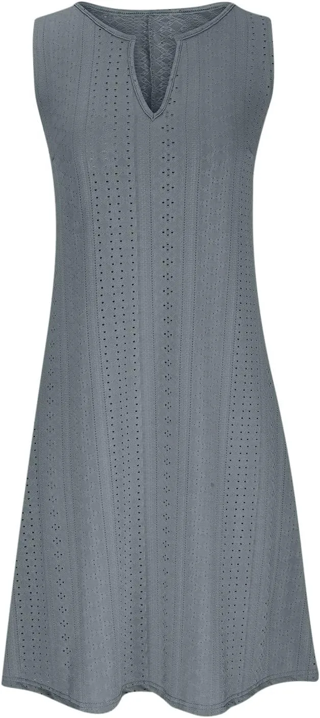 Women V Neck Eyelet Dresses Sleeveless Knee Length Tank Dress 2025 Summer Casual Tunic Sun Dress Vacation Beach Dress