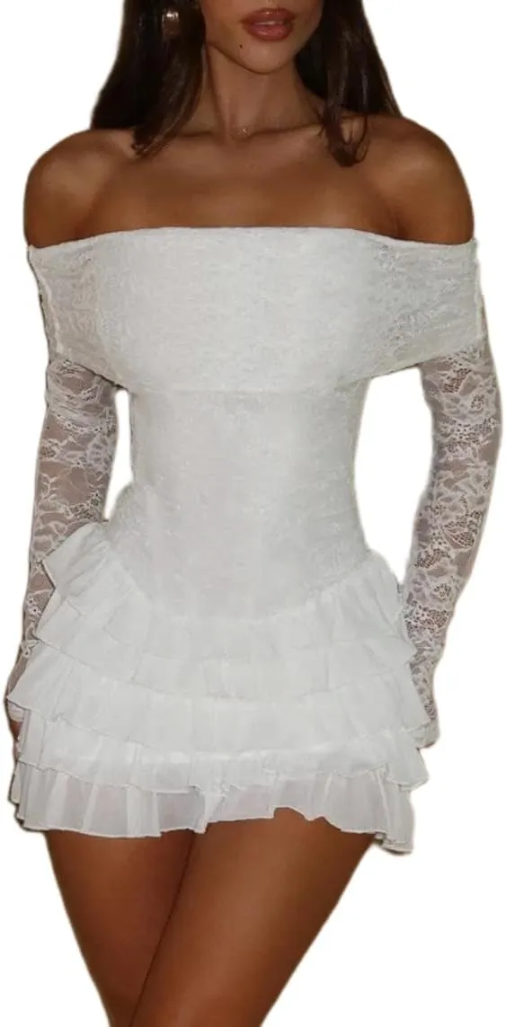 Women Y2k Lace Long Sleeve Short Dress Vintage Off Shoulder Mini Dress Ruffle Flowy Bodycon Dress