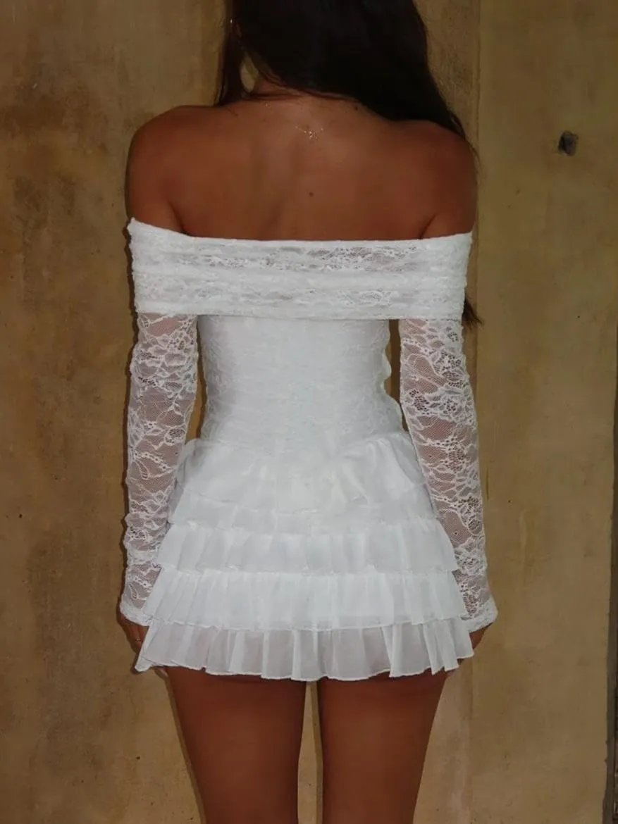 Women Y2k Lace Long Sleeve Short Dress Vintage Off Shoulder Mini Dress Ruffle Flowy Bodycon Dress