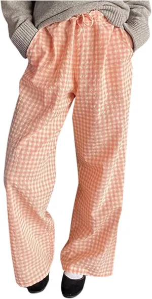 Women Y2K Plaid Pants Summer Casual Drawstring High Waist Straight Leg Trousers Gingham Lounge Pants Streetwear with Pockets