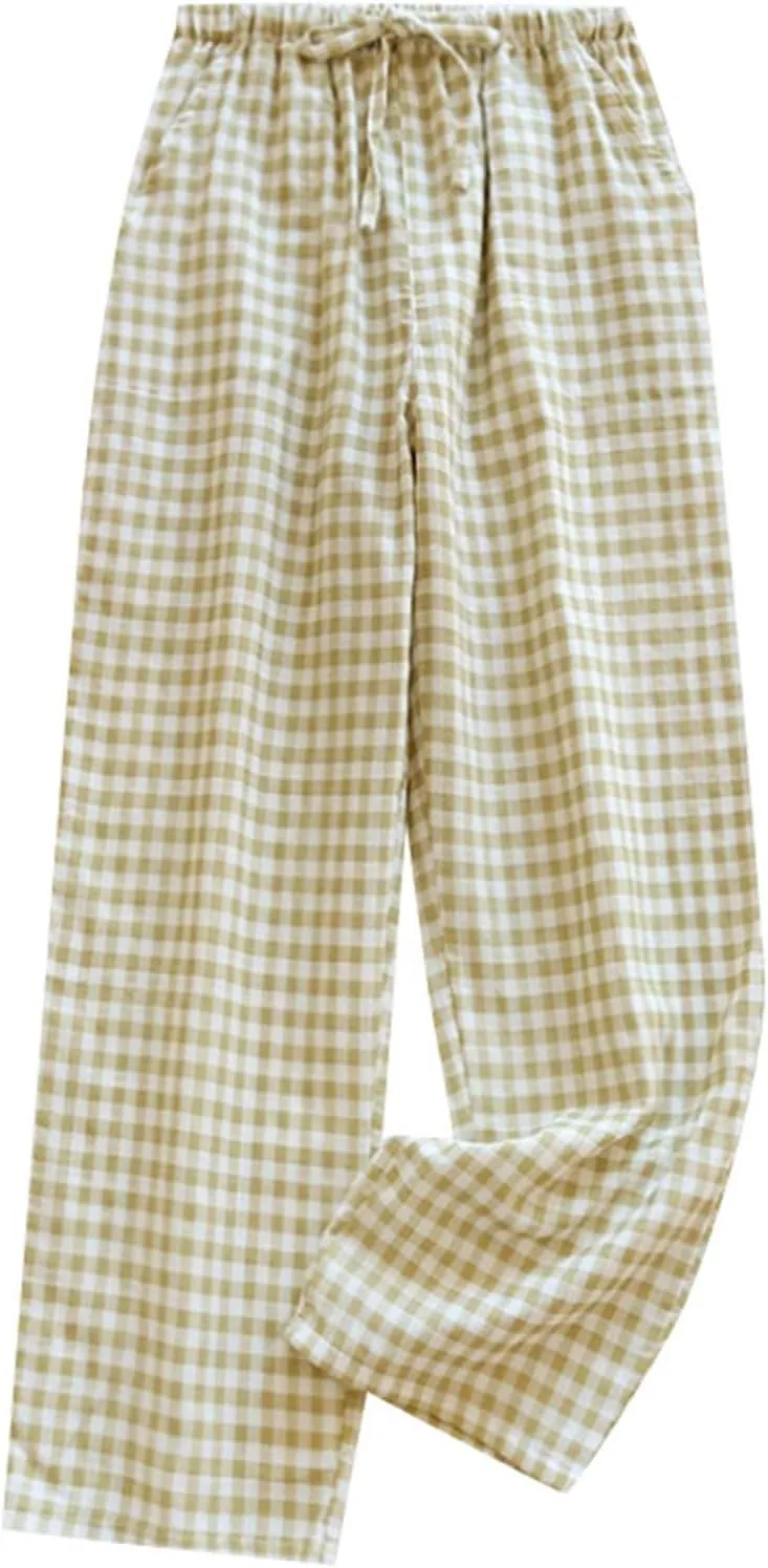 Women Y2K Plaid Pants Summer Casual Drawstring High Waist Straight Leg Trousers Gingham Lounge Pants Streetwear with Pockets