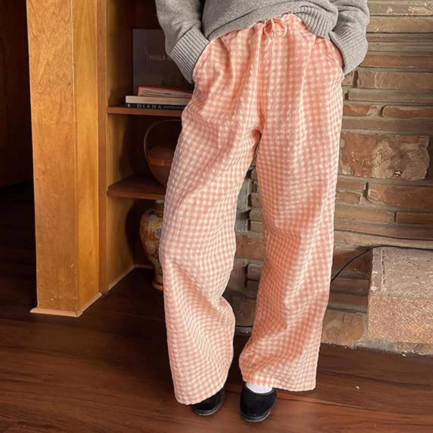 Women Y2K Plaid Pants Summer Casual Drawstring High Waist Straight Leg Trousers Gingham Lounge Pants Streetwear with Pockets