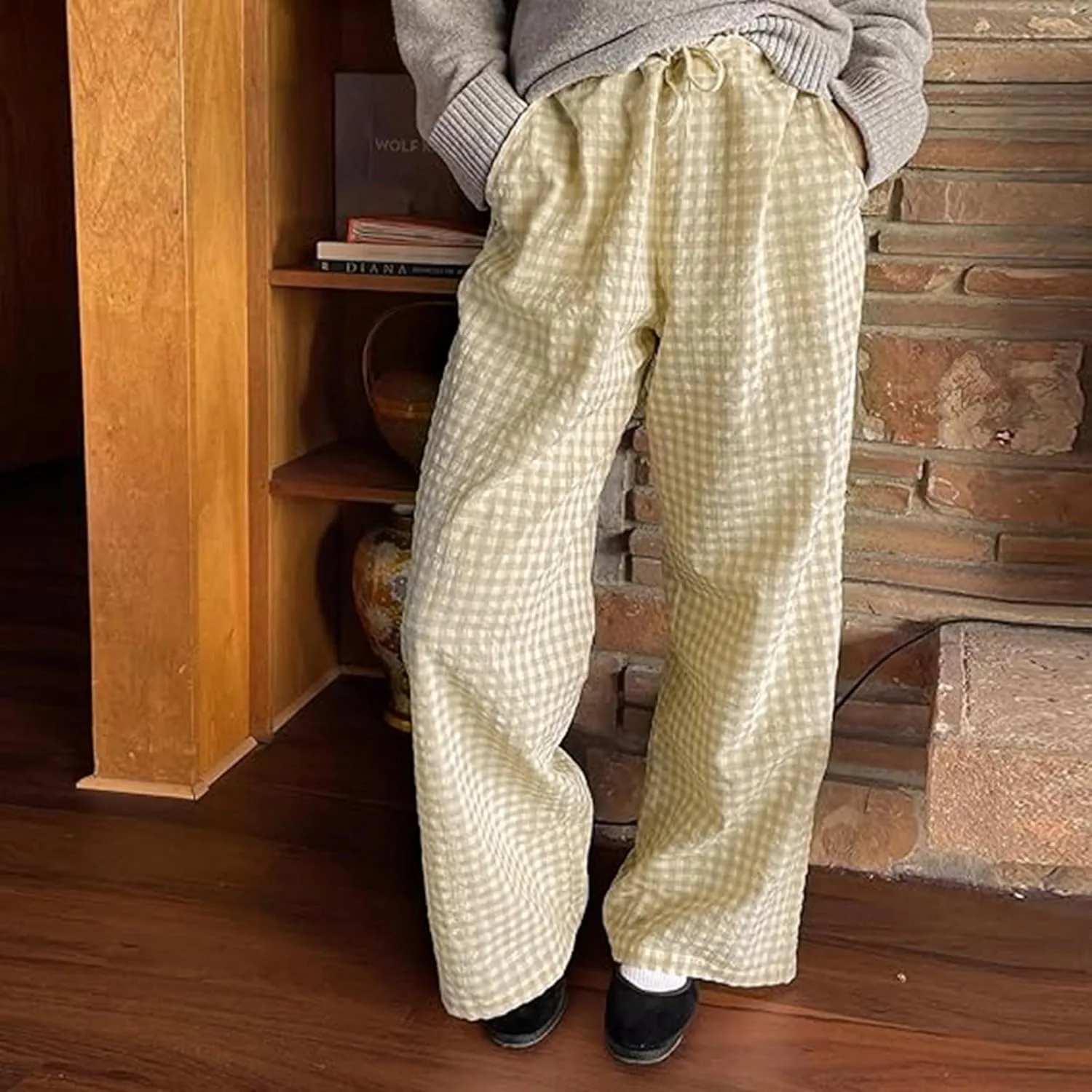 Women Y2K Plaid Pants Summer Casual Drawstring High Waist Straight Leg Trousers Gingham Lounge Pants Streetwear with Pockets