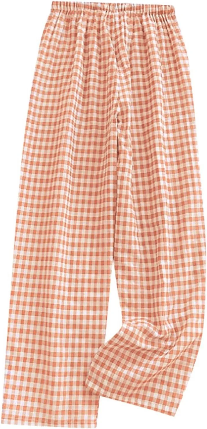 Women Y2K Plaid Pants Summer Casual Drawstring High Waist Straight Leg Trousers Gingham Lounge Pants Streetwear with Pockets