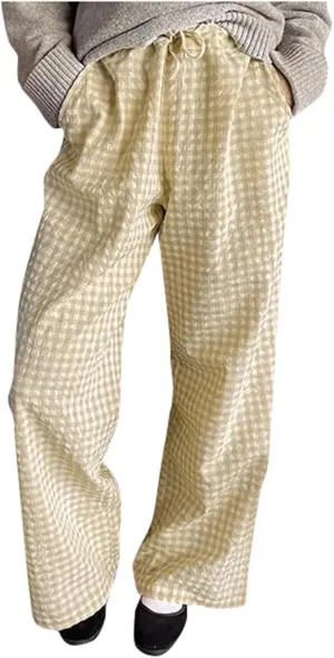 Women Y2K Plaid Pants Summer Casual Drawstring High Waist Straight Leg Trousers Gingham Lounge Pants Streetwear with Pockets