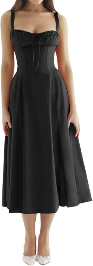 Women Y2k Square Neck Long Dress Low Cut Sleeveless Midi Dress Bustier Lace Trim Spaghetti Strap Going Out Swing Sundress