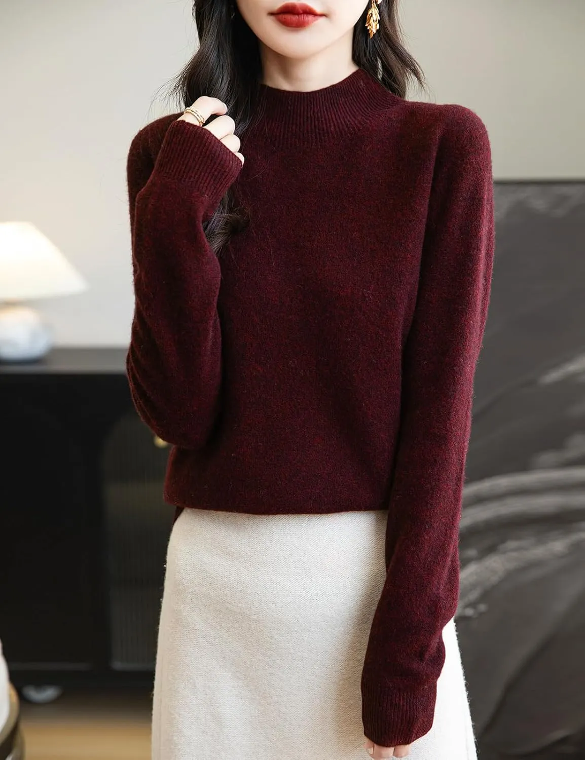Women's 100% Merino Wool Seamless Sweater Mock Neck First-Line Ready to Wear Long Sleeve Knitted Pullover Tops
