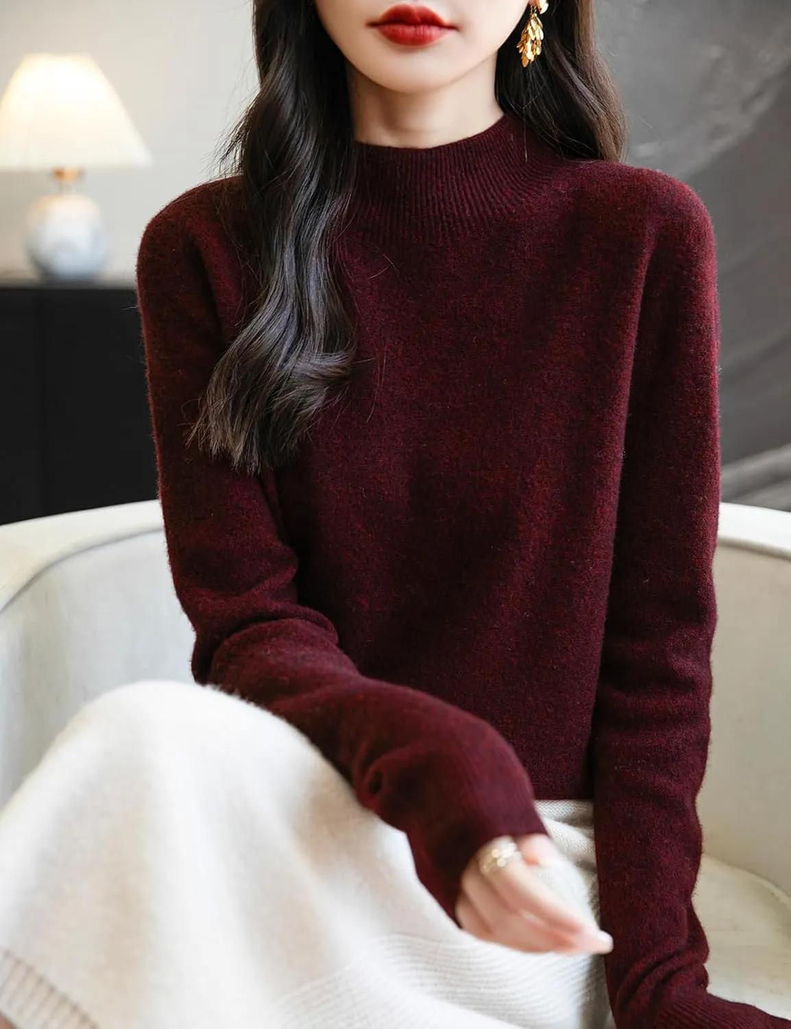 Women's 100% Merino Wool Seamless Sweater Mock Neck First-Line Ready to Wear Long Sleeve Knitted Pullover Tops