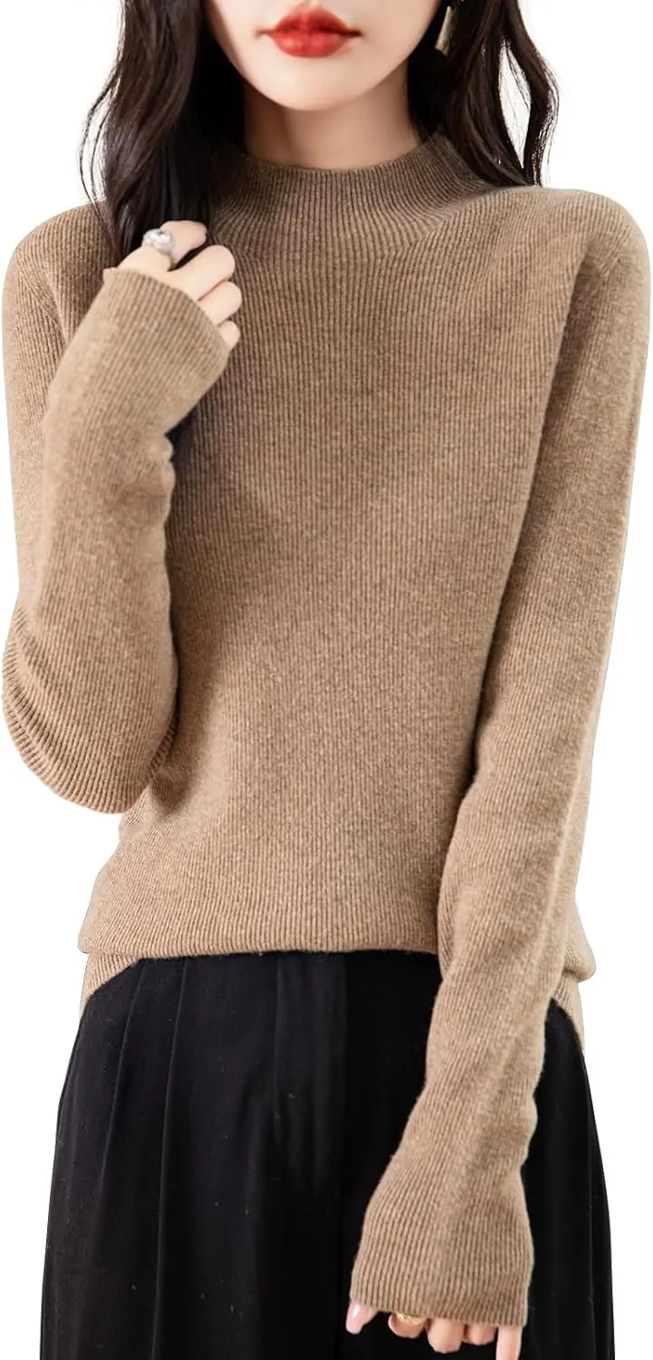 Women's 100% Merino Wool Seamless Sweater Mock Neck First-Line Ready to Wear Long Sleeve Ribbed Knit Pullover
