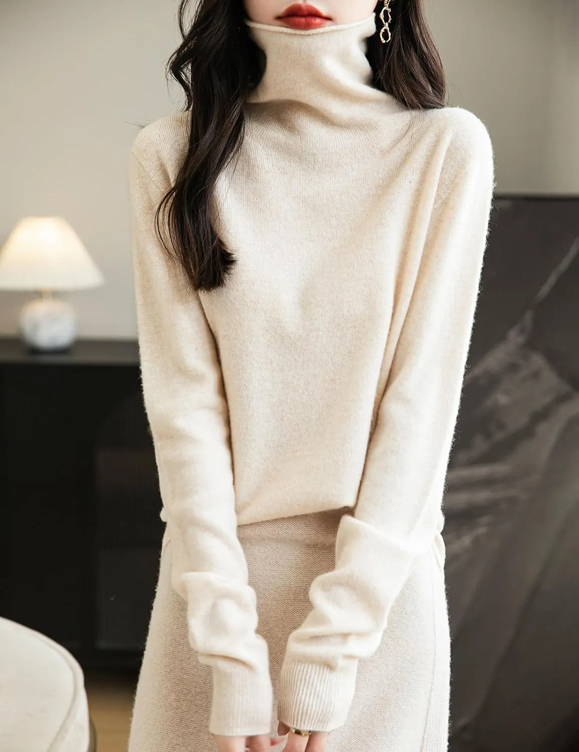 Women's 100% Merino Wool Seamless Sweater Turtleneck First-Line Ready to Wear Long Sleeve Knitted Pullover Tops