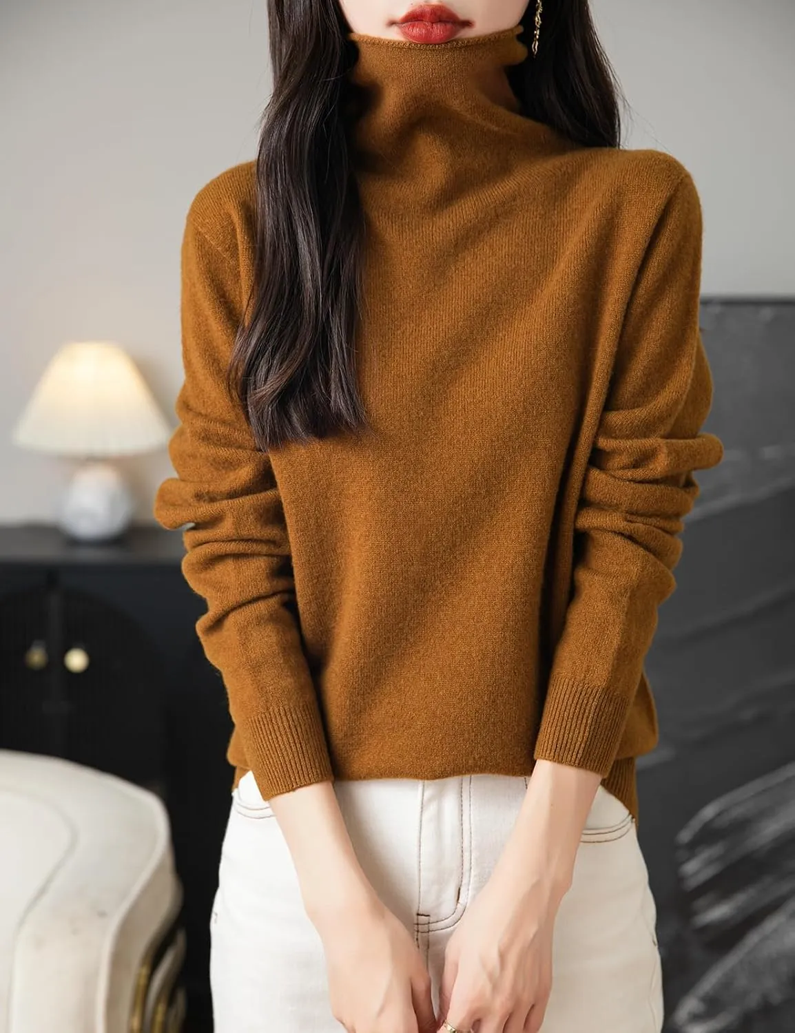 Women's 100% Merino Wool Seamless Sweater Turtleneck First-Line Ready to Wear Long Sleeve Knitted Pullover Tops