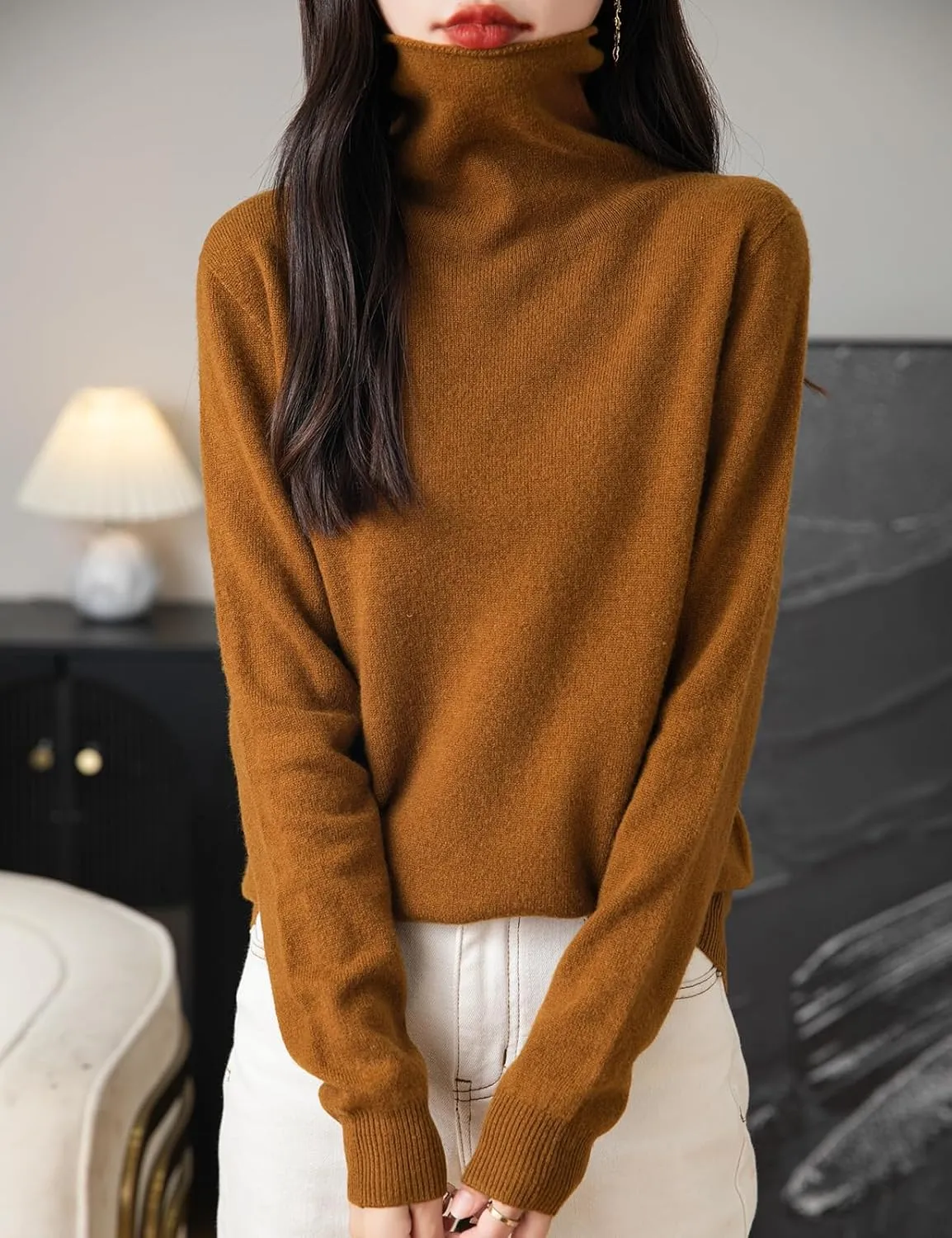 Women's 100% Merino Wool Seamless Sweater Turtleneck First-Line Ready to Wear Long Sleeve Knitted Pullover Tops