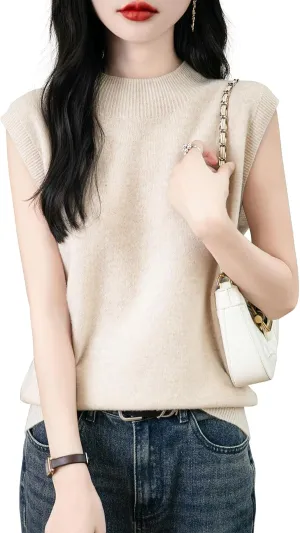 Women's 100% Merino Wool Spring Fall Winter First-Line Ready to Wear Mock Neck Seamless Knit Sleeveless Sweater Vest