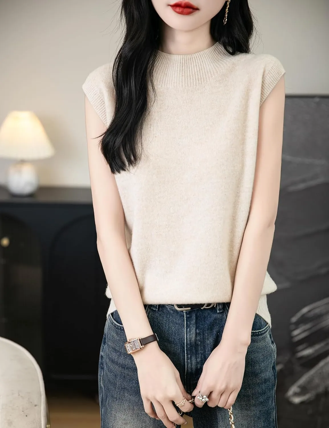 Women's 100% Merino Wool Spring Fall Winter First-Line Ready to Wear Mock Neck Seamless Knit Sleeveless Sweater Vest