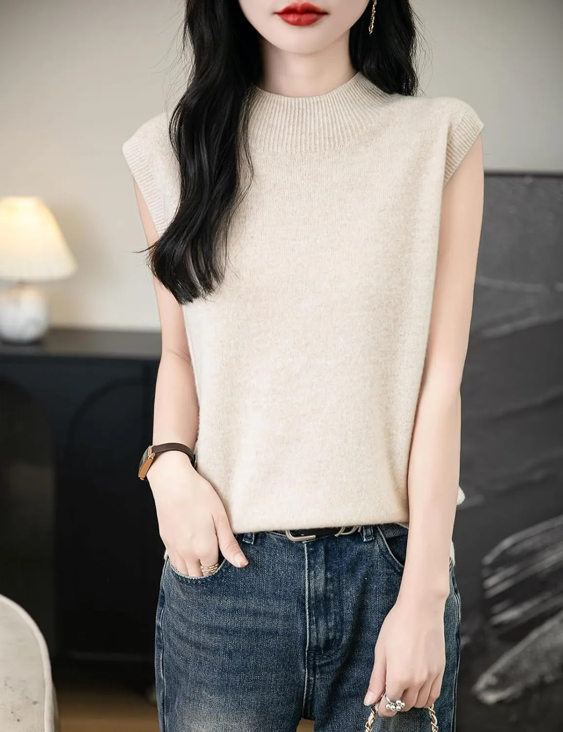 Women's 100% Merino Wool Spring Fall Winter First-Line Ready to Wear Mock Neck Seamless Knit Sleeveless Sweater Vest