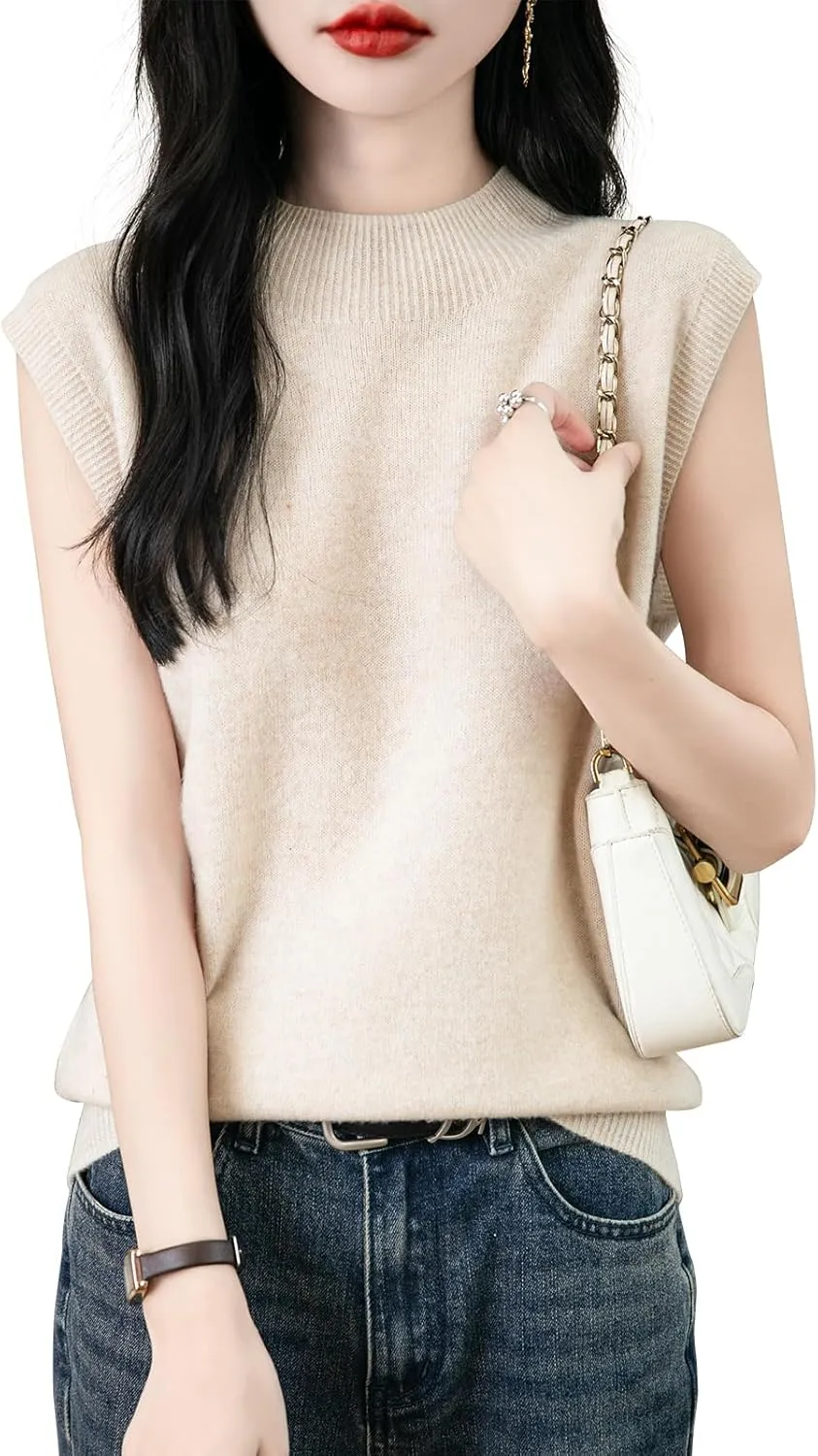 Women's 100% Merino Wool Spring Fall Winter First-Line Ready to Wear Mock Neck Seamless Knit Sleeveless Sweater Vest