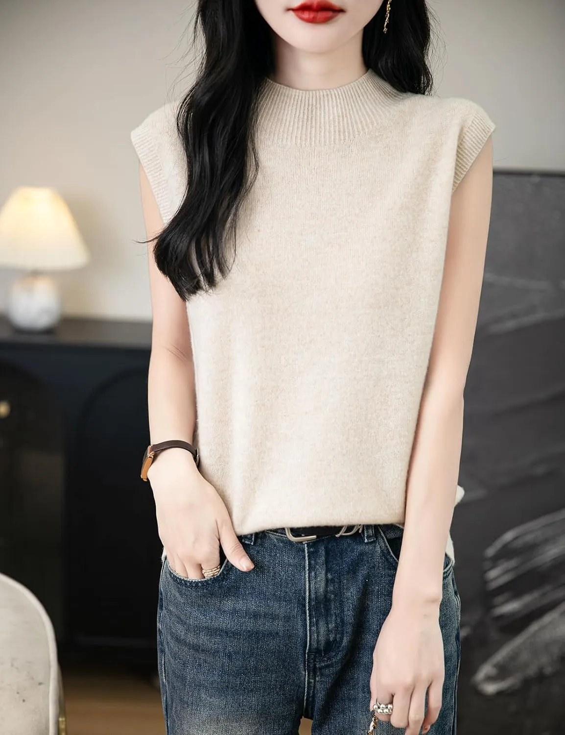 Women's 100% Merino Wool Spring Fall Winter First-Line Ready to Wear Mock Neck Seamless Knit Sleeveless Sweater Vest