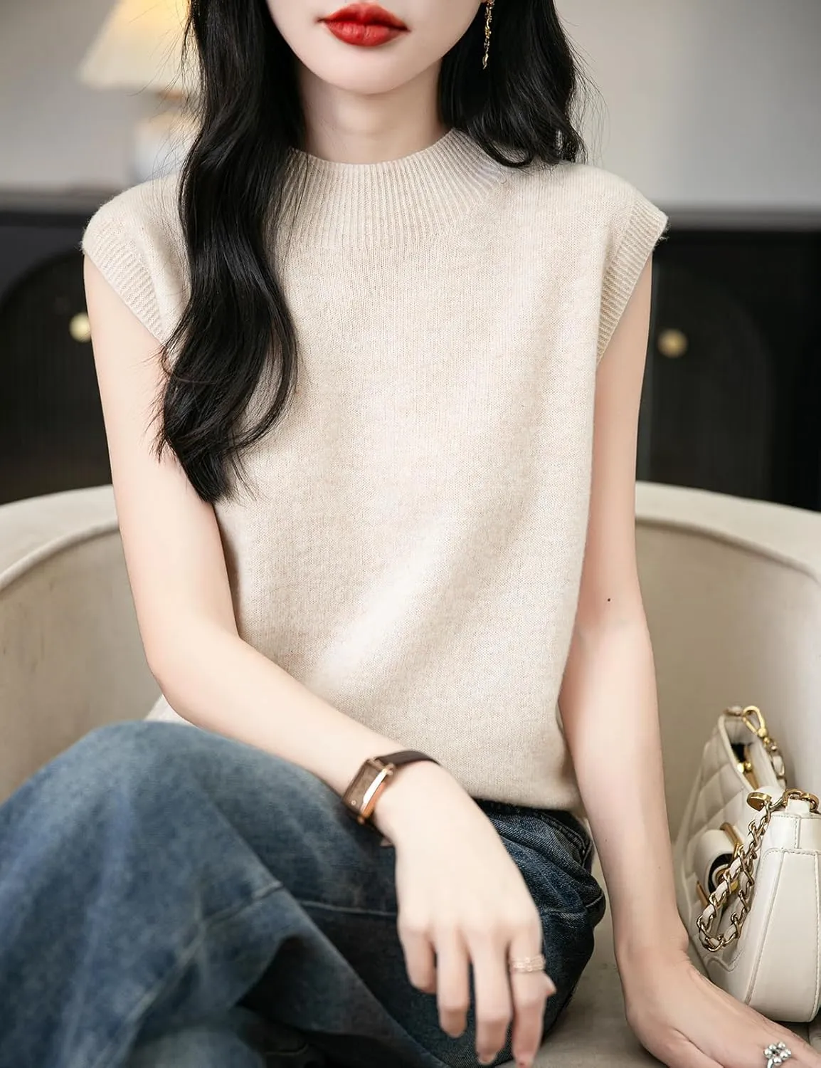 Women's 100% Merino Wool Spring Fall Winter First-Line Ready to Wear Mock Neck Seamless Knit Sleeveless Sweater Vest