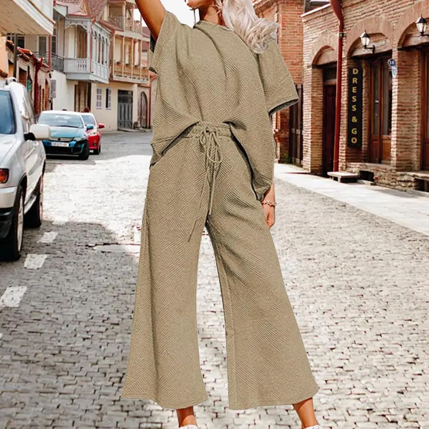Womens 2 Piece Outfits Textured Short Sleeve Tops and Drawstring Wide Leg Pants Sets Loose Flowy Jogger Tracksuit