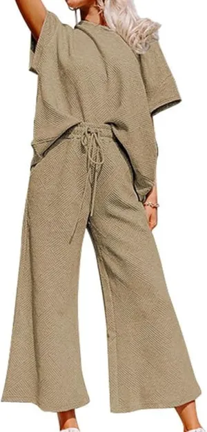 Womens 2 Piece Outfits Textured Short Sleeve Tops and Drawstring Wide Leg Pants Sets Loose Flowy Jogger Tracksuit