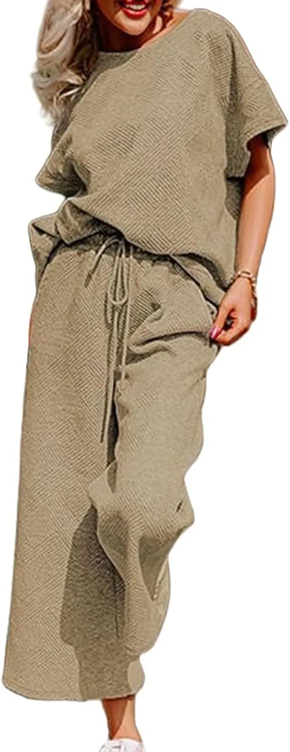 Womens 2 Piece Outfits Textured Short Sleeve Tops and Drawstring Wide Leg Pants Sets Loose Flowy Jogger Tracksuit