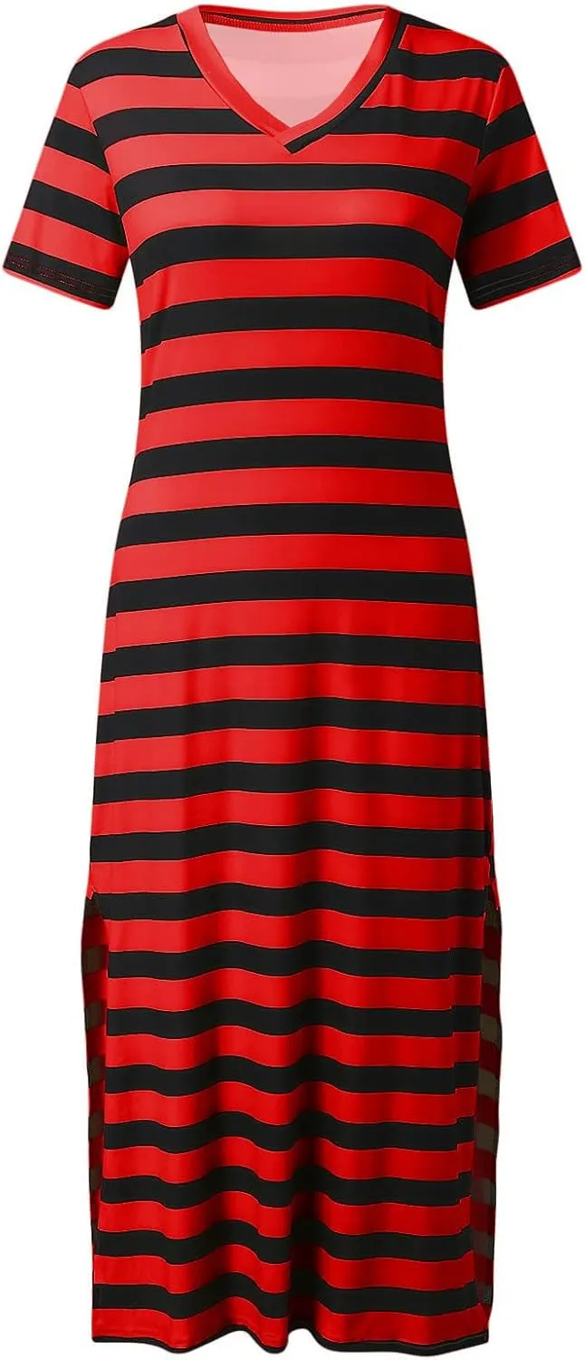 Womens 2024 Casual Maxi Dress Trendy Short Sleeve V Neck High Split Stripe Sundress Summer Long Beach Tshirt Dresses