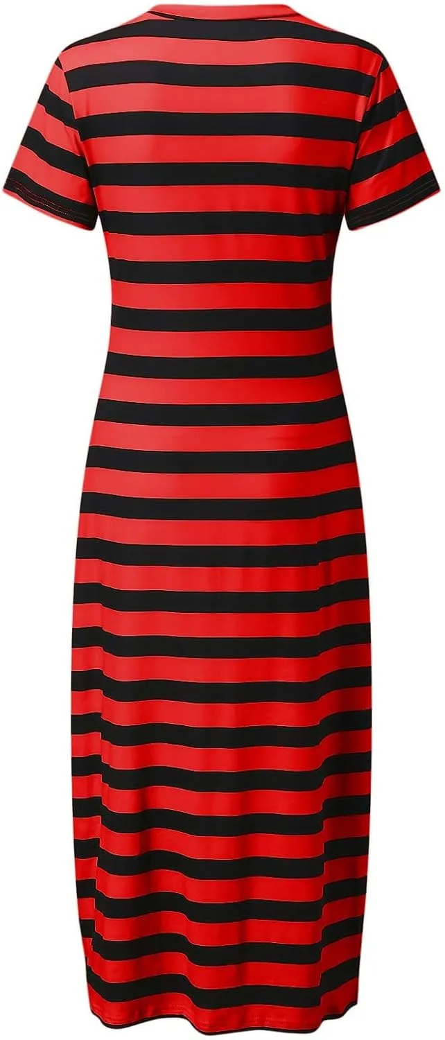 Womens 2024 Casual Maxi Dress Trendy Short Sleeve V Neck High Split Stripe Sundress Summer Long Beach Tshirt Dresses