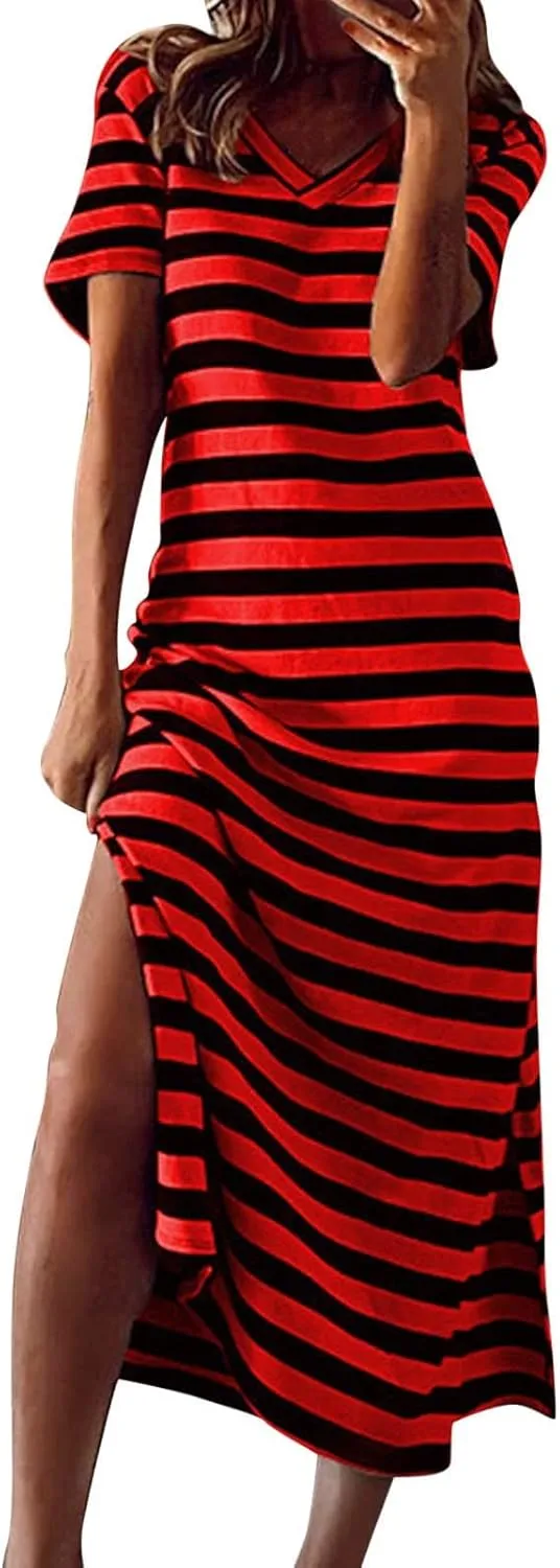 Womens 2024 Casual Maxi Dress Trendy Short Sleeve V Neck High Split Stripe Sundress Summer Long Beach Tshirt Dresses