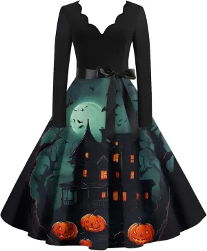 Womens 2024 Summer Fall Casual Fashion Long Sleeve Christmas Halloween Graphic Printed Classic Vintage Dresses