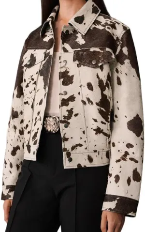 Women's Animal Print Denim Jacket Casual Cow Print Jacket Long Sleeve Button Up Motorcycle Cropped Coats