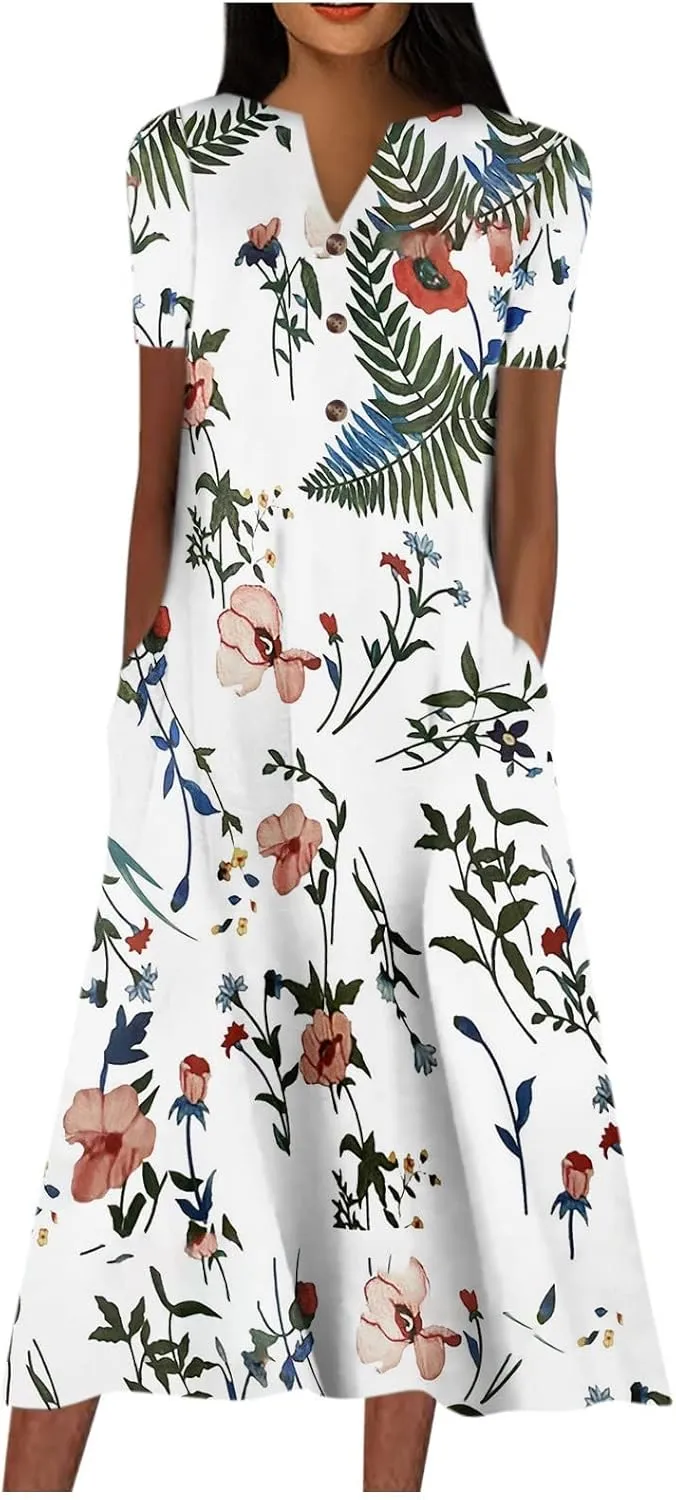 Women's Bohemian Floral Maxi Dress Casual Loose Summer Short Sleeve Beach Vacation Dresses with Pockets