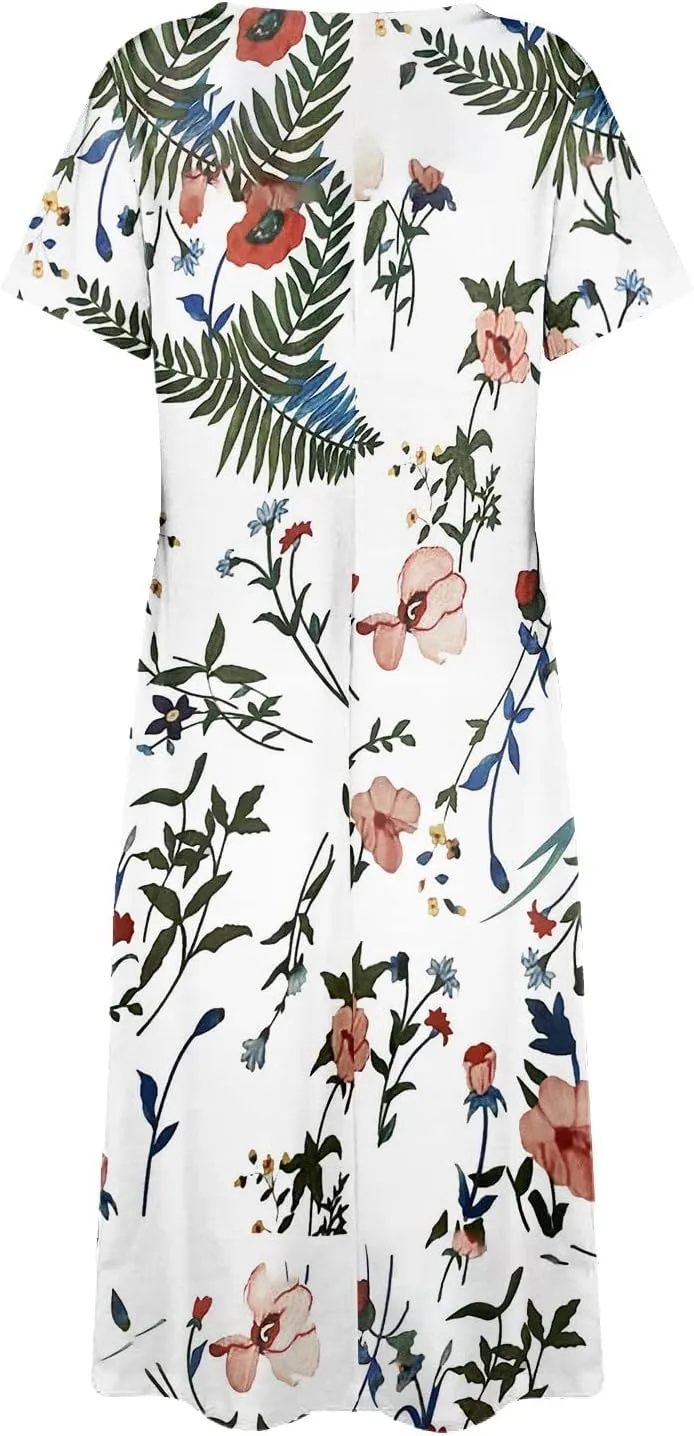 Women's Bohemian Floral Maxi Dress Casual Loose Summer Short Sleeve Beach Vacation Dresses with Pockets