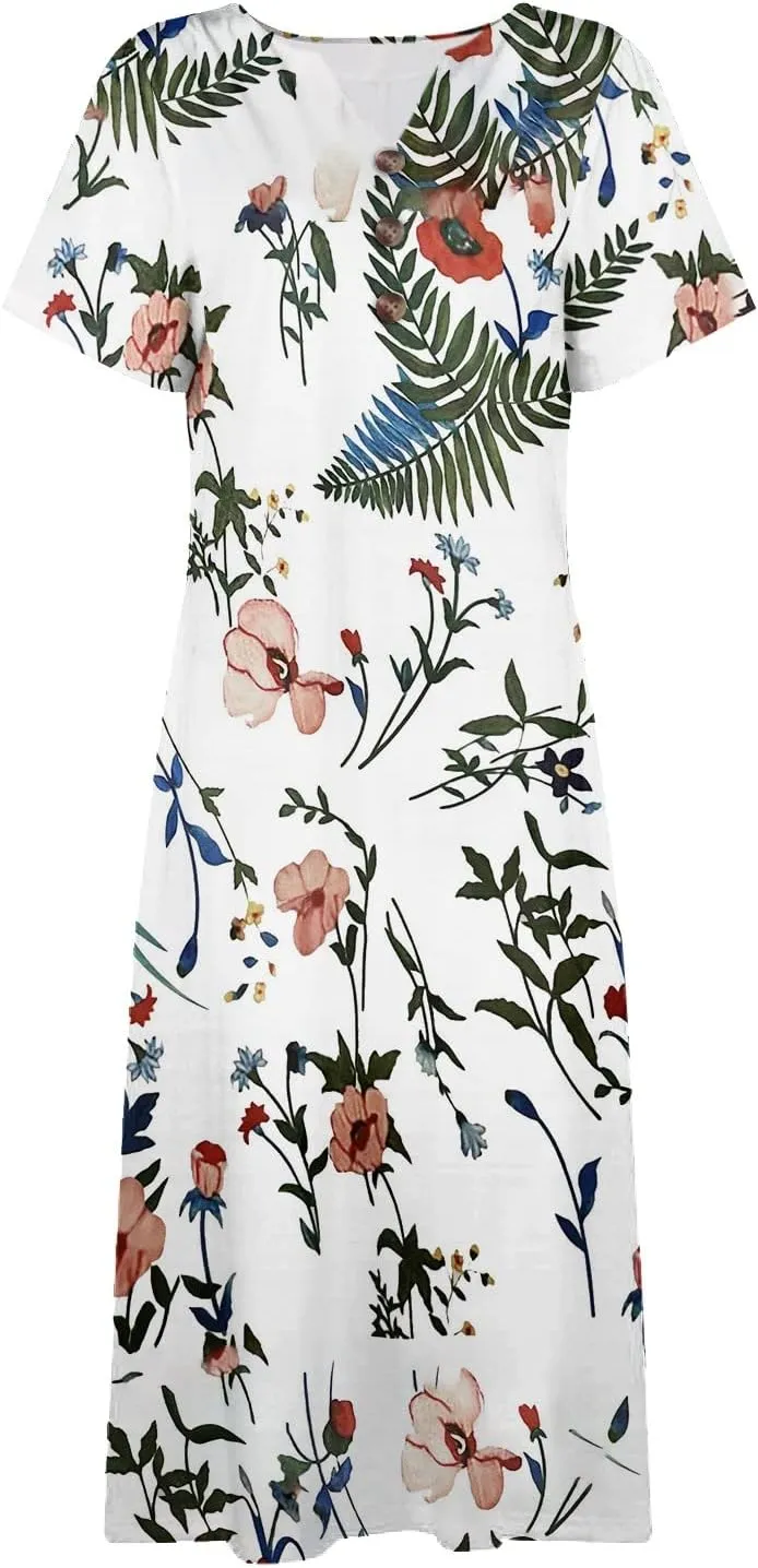 Women's Bohemian Floral Maxi Dress Casual Loose Summer Short Sleeve Beach Vacation Dresses with Pockets