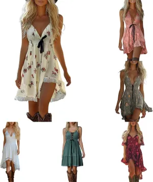 Women's Boho Floral Dress Sexy V Neck Spaghetti Strap Mini Sundress Lace High Low Hem Front Tie Western Vacation Dresses