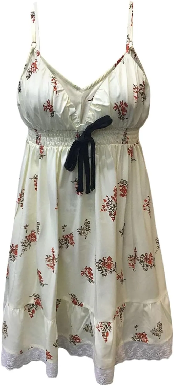 Women's Boho Floral Dress Sexy V Neck Spaghetti Strap Mini Sundress Lace High Low Hem Front Tie Western Vacation Dresses