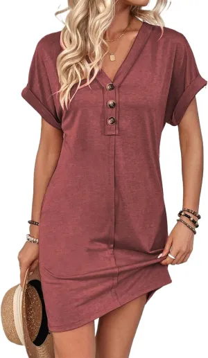 Womens Button Front V Neck Midi Dresses Casual Swing Shirt Sundress Short Sleeve Beach Summer Dress