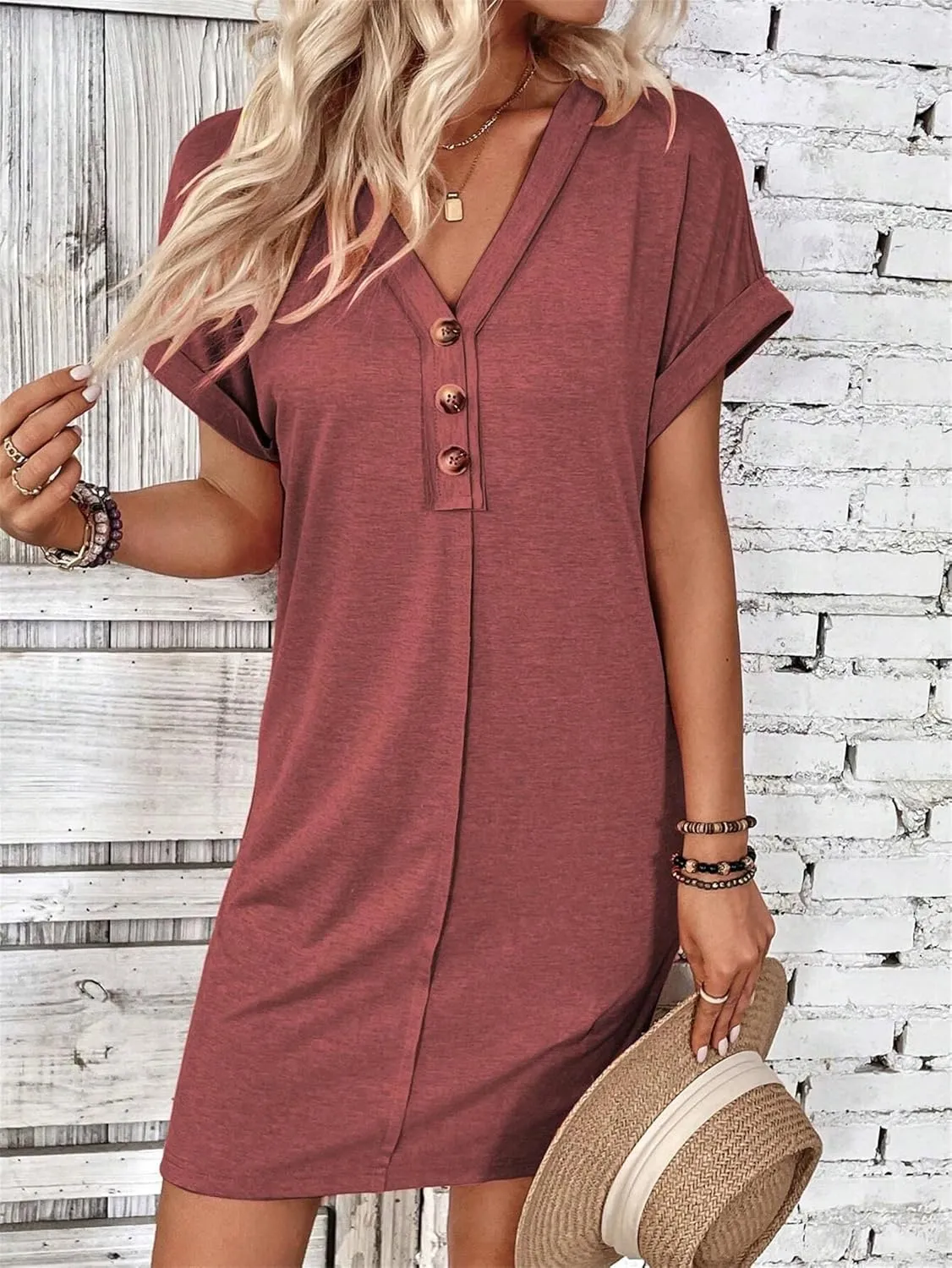 Womens Button Front V Neck Midi Dresses Casual Swing Shirt Sundress Short Sleeve Beach Summer Dress