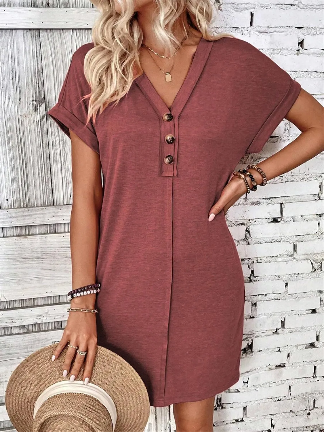 Womens Button Front V Neck Midi Dresses Casual Swing Shirt Sundress Short Sleeve Beach Summer Dress