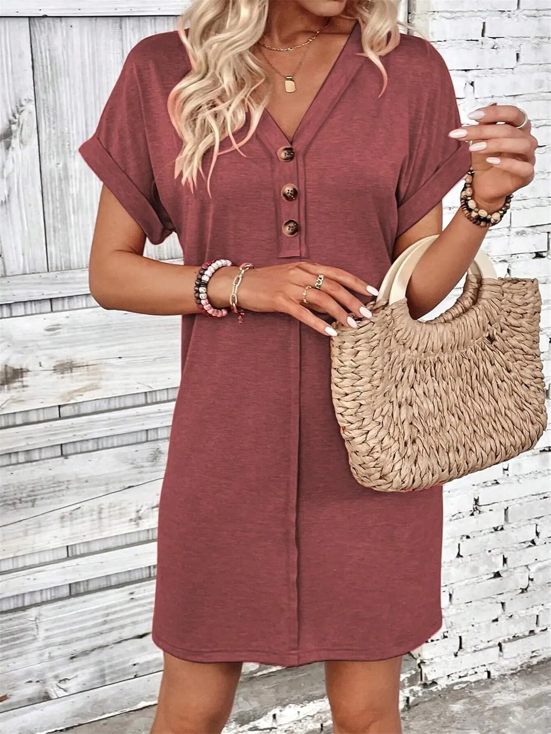 Womens Button Front V Neck Midi Dresses Casual Swing Shirt Sundress Short Sleeve Beach Summer Dress