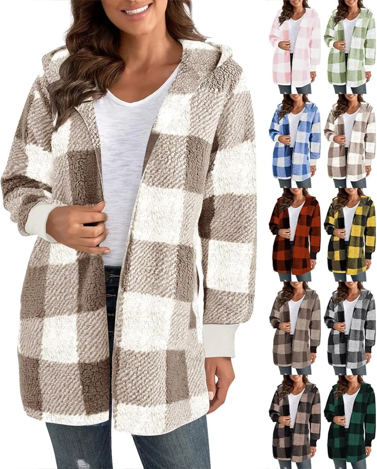 Womens Cardigans Fleece Jacket Baggy Plaid Comfy Sherpa Jacket Trendy Open Front Cardigan Sweater Hoodies Winter Coat