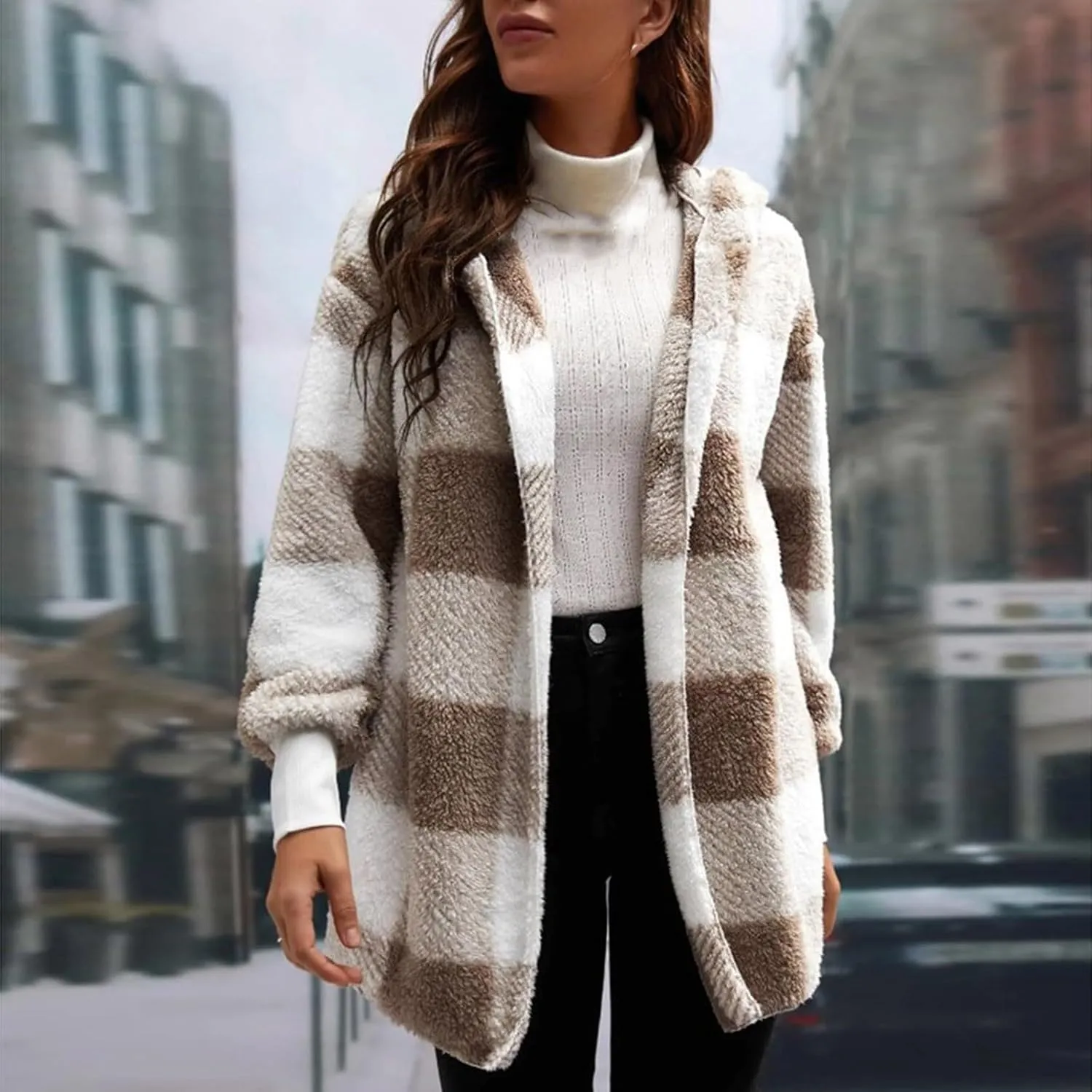 Womens Cardigans Fleece Jacket Baggy Plaid Comfy Sherpa Jacket Trendy Open Front Cardigan Sweater Hoodies Winter Coat