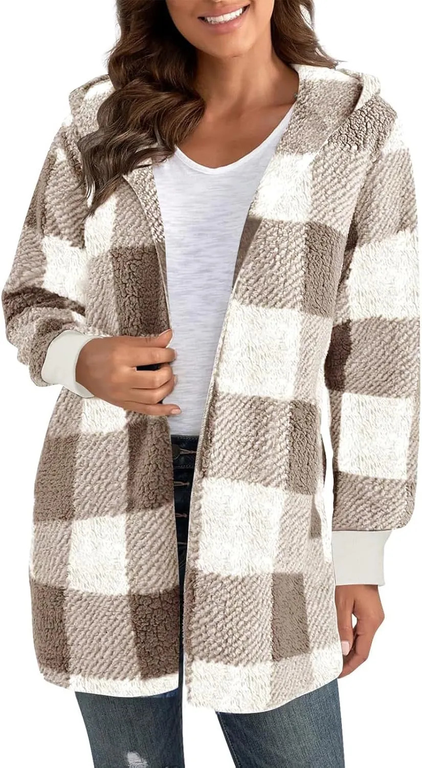 Womens Cardigans Fleece Jacket Baggy Plaid Comfy Sherpa Jacket Trendy Open Front Cardigan Sweater Hoodies Winter Coat