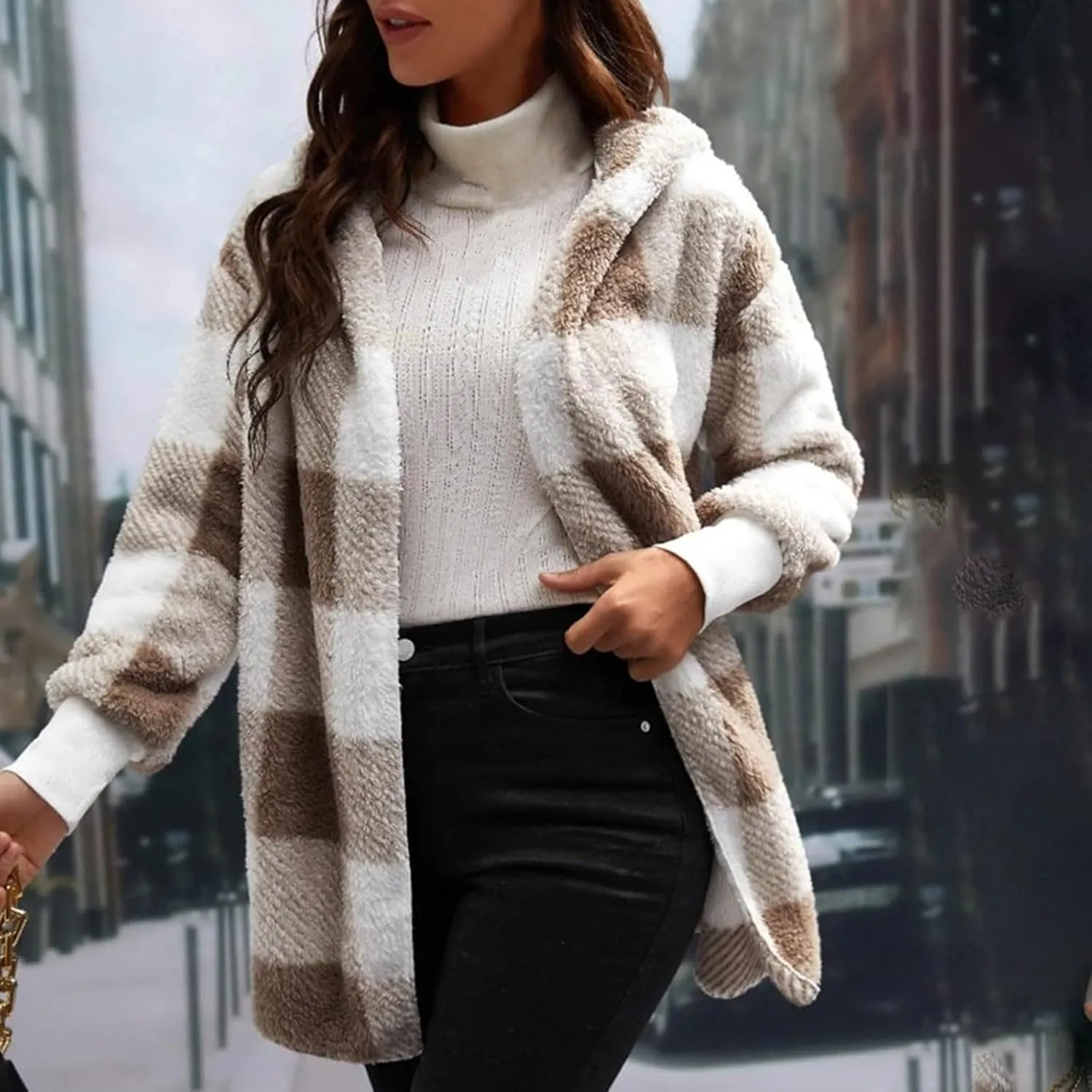 Womens Cardigans Fleece Jacket Baggy Plaid Comfy Sherpa Jacket Trendy Open Front Cardigan Sweater Hoodies Winter Coat